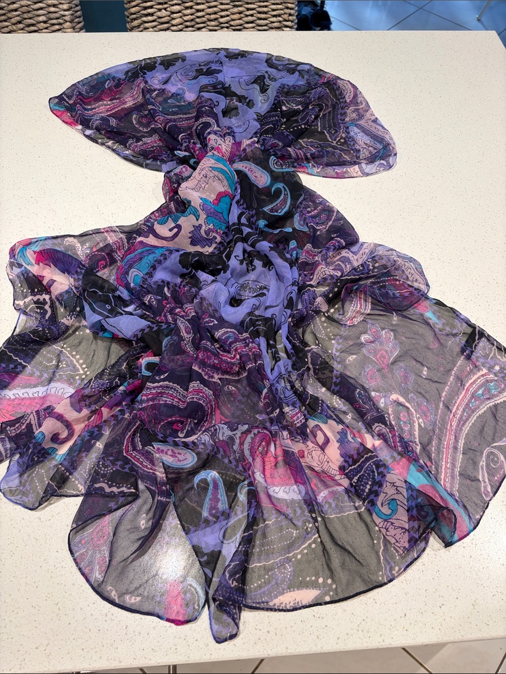 Cynthia Rowley Purple Paisley Sheer Scarf with Pink & Blue Accents